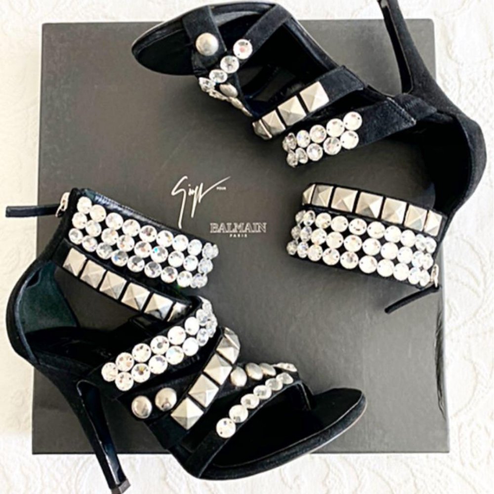 [SOLD] Giuseppe Zanotti x Balmain Black Suede Rhinestone Evening Sandals Heels
